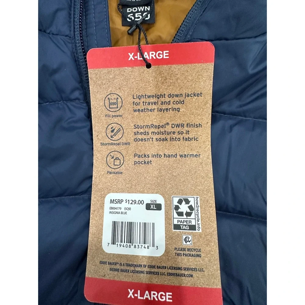 Eddie Bauer Mens 650 Down Packable Jacket Insignia Blue Puffer EB004779 XL NWT‎